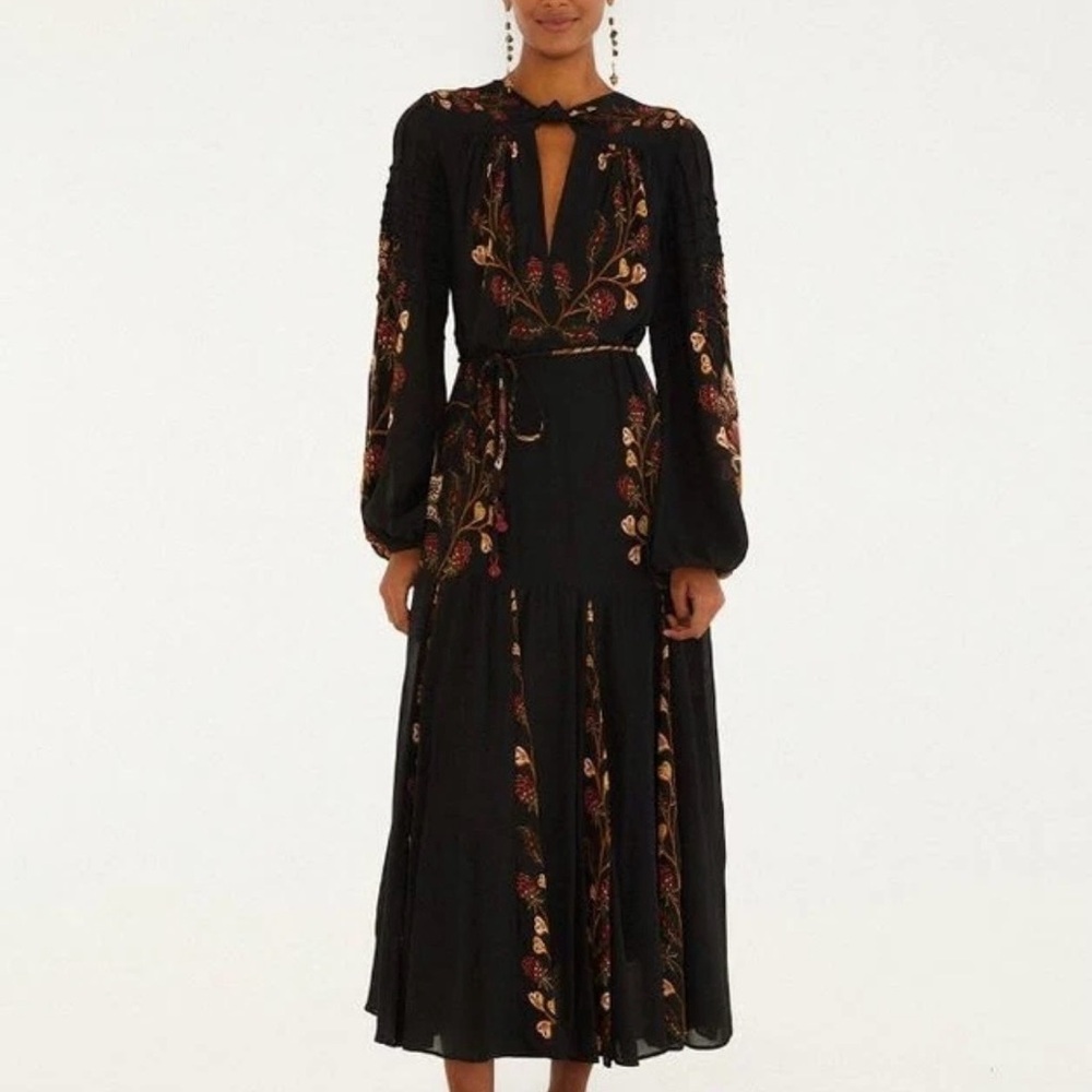 FARM Rio Black Dress with Red and Gold Floral Design